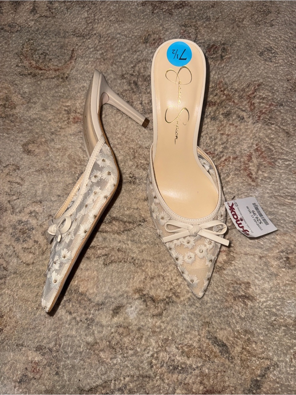 Jessica Simpson Cream Floral Mesh Pointed Toe Mules with Bow